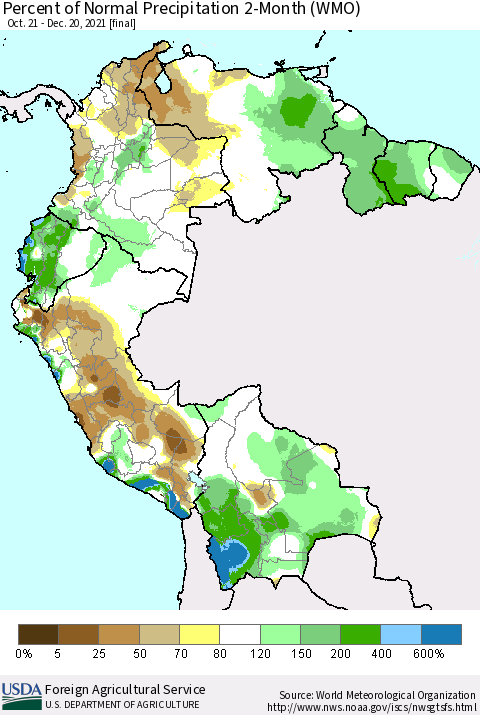 Northern South America Percent of Normal Precipitation 2-Month (WMO) Thematic Map For 10/21/2021 - 12/20/2021