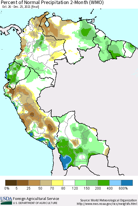 Northern South America Percent of Normal Precipitation 2-Month (WMO) Thematic Map For 10/26/2021 - 12/25/2021