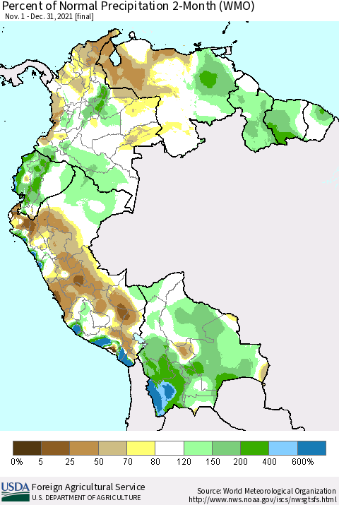 Northern South America Percent of Normal Precipitation 2-Month (WMO) Thematic Map For 11/1/2021 - 12/31/2021