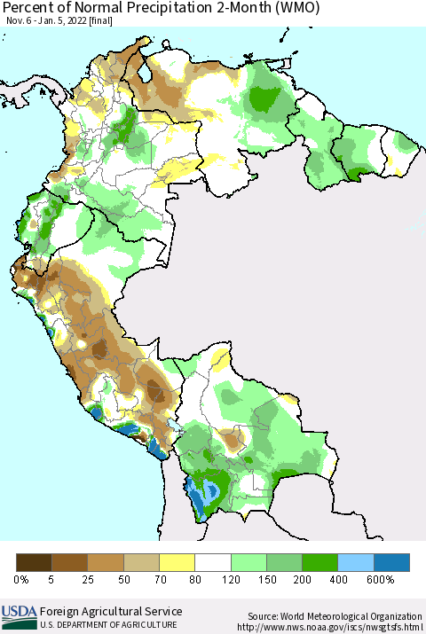 Northern South America Percent of Normal Precipitation 2-Month (WMO) Thematic Map For 11/6/2021 - 1/5/2022