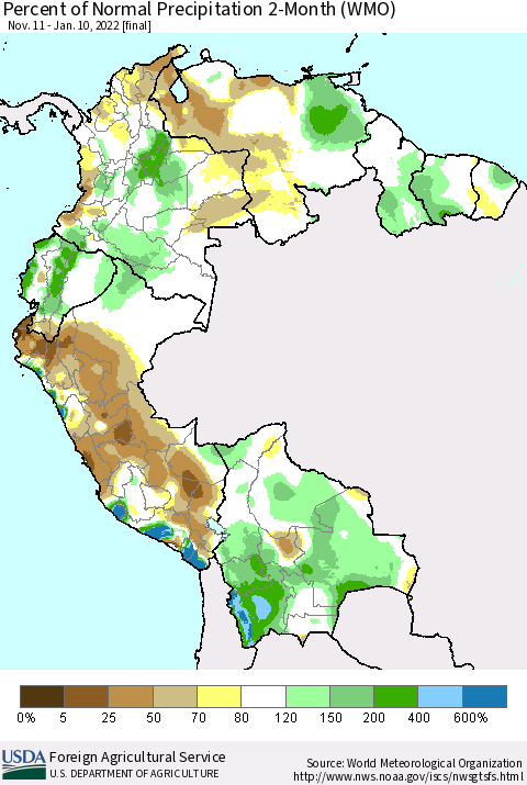 Northern South America Percent of Normal Precipitation 2-Month (WMO) Thematic Map For 11/11/2021 - 1/10/2022