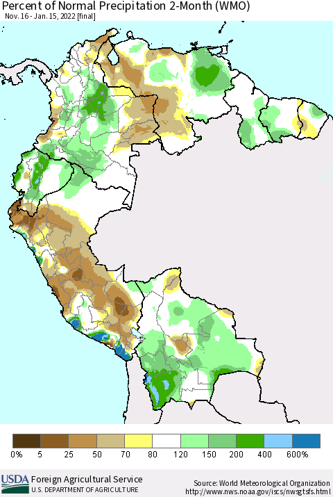 Northern South America Percent of Normal Precipitation 2-Month (WMO) Thematic Map For 11/16/2021 - 1/15/2022