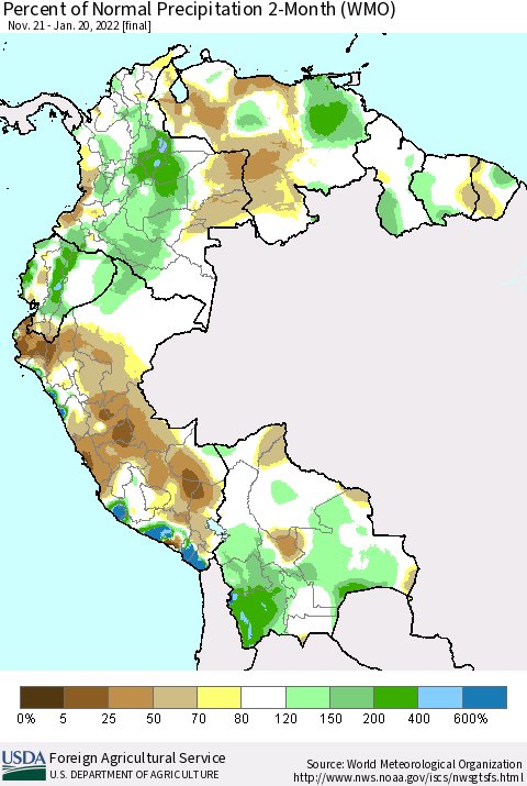 Northern South America Percent of Normal Precipitation 2-Month (WMO) Thematic Map For 11/21/2021 - 1/20/2022
