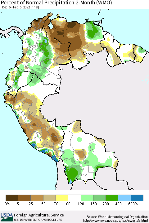 Northern South America Percent of Normal Precipitation 2-Month (WMO) Thematic Map For 12/6/2021 - 2/5/2022