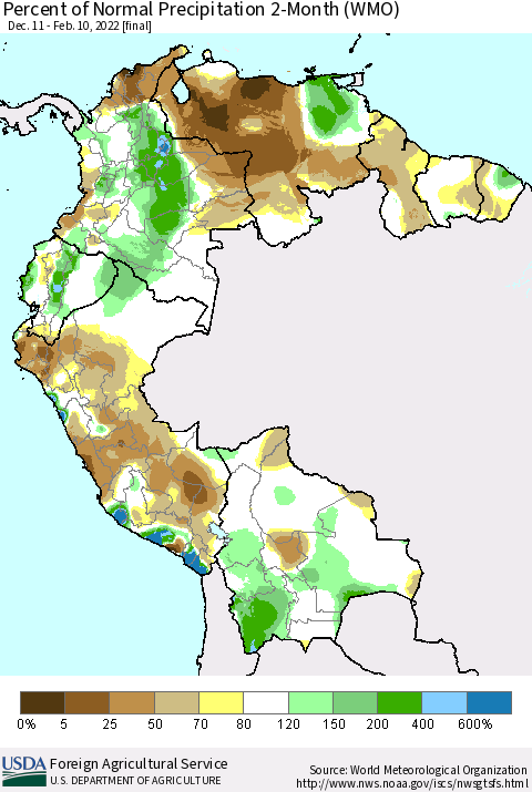 Northern South America Percent of Normal Precipitation 2-Month (WMO) Thematic Map For 12/11/2021 - 2/10/2022