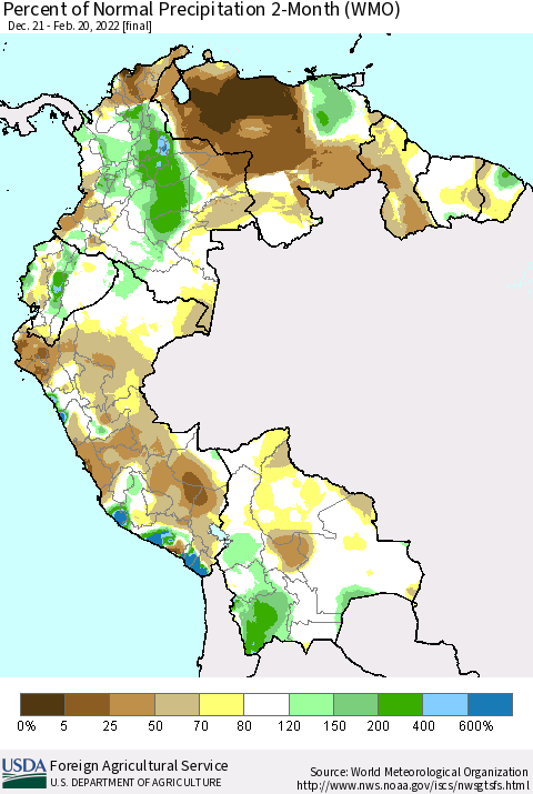 Northern South America Percent of Normal Precipitation 2-Month (WMO) Thematic Map For 12/21/2021 - 2/20/2022