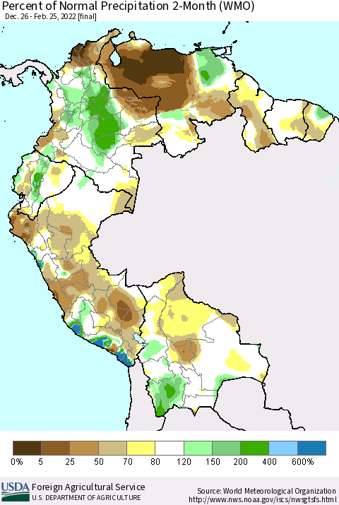 Northern South America Percent of Normal Precipitation 2-Month (WMO) Thematic Map For 12/26/2021 - 2/25/2022