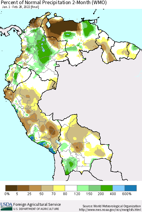 Northern South America Percent of Normal Precipitation 2-Month (WMO) Thematic Map For 1/1/2022 - 2/28/2022