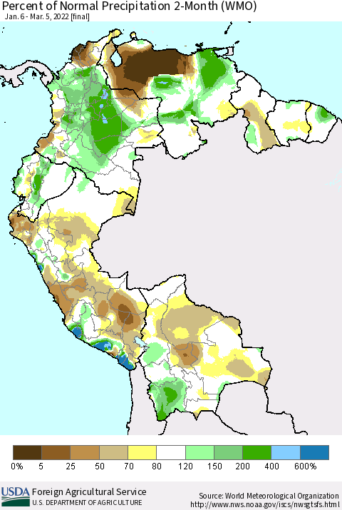 Northern South America Percent of Normal Precipitation 2-Month (WMO) Thematic Map For 1/6/2022 - 3/5/2022