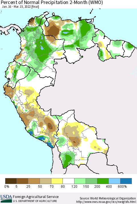 Northern South America Percent of Normal Precipitation 2-Month (WMO) Thematic Map For 1/16/2022 - 3/15/2022