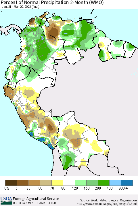Northern South America Percent of Normal Precipitation 2-Month (WMO) Thematic Map For 1/21/2022 - 3/20/2022