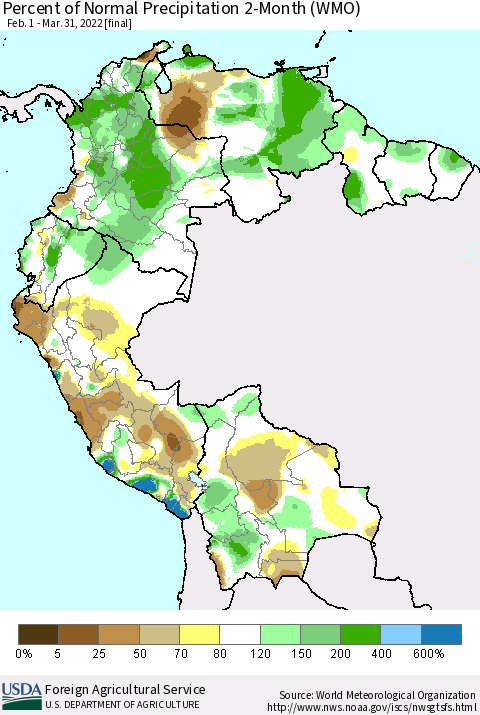 Northern South America Percent of Normal Precipitation 2-Month (WMO) Thematic Map For 2/1/2022 - 3/31/2022