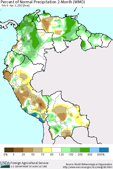 Northern South America Percent of Normal Precipitation 2-Month (WMO) Thematic Map For 2/6/2022 - 4/5/2022