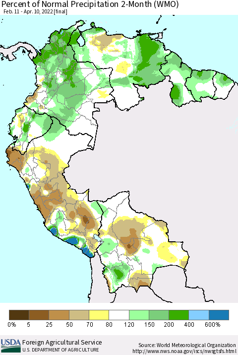 Northern South America Percent of Normal Precipitation 2-Month (WMO) Thematic Map For 2/11/2022 - 4/10/2022