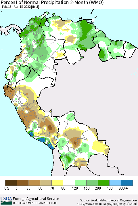 Northern South America Percent of Normal Precipitation 2-Month (WMO) Thematic Map For 2/16/2022 - 4/15/2022