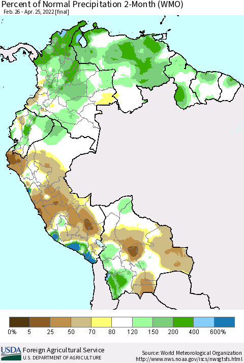 Northern South America Percent of Normal Precipitation 2-Month (WMO) Thematic Map For 2/26/2022 - 4/25/2022