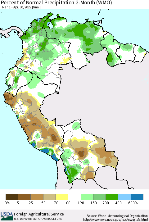 Northern South America Percent of Normal Precipitation 2-Month (WMO) Thematic Map For 3/1/2022 - 4/30/2022