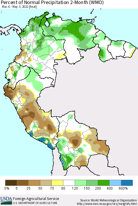 Northern South America Percent of Normal Precipitation 2-Month (WMO) Thematic Map For 3/6/2022 - 5/5/2022