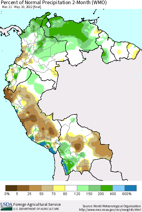 Northern South America Percent of Normal Precipitation 2-Month (WMO) Thematic Map For 3/11/2022 - 5/10/2022