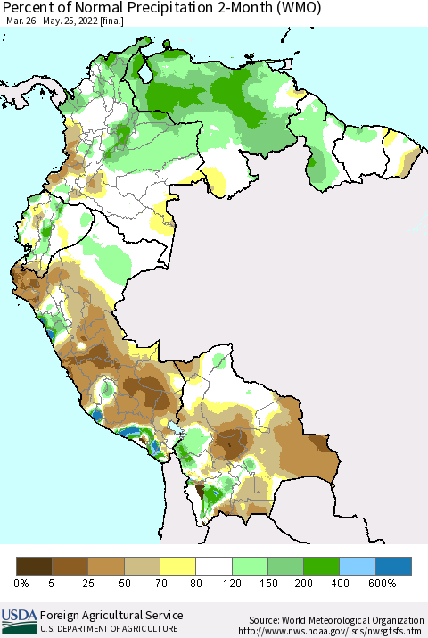 Northern South America Percent of Normal Precipitation 2-Month (WMO) Thematic Map For 3/26/2022 - 5/25/2022