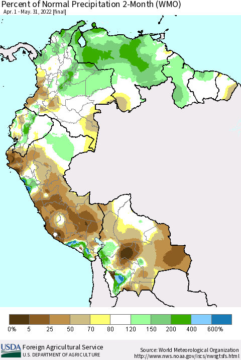 Northern South America Percent of Normal Precipitation 2-Month (WMO) Thematic Map For 4/1/2022 - 5/31/2022