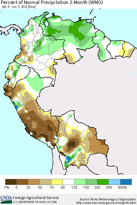 Northern South America Percent of Normal Precipitation 2-Month (WMO) Thematic Map For 4/6/2022 - 6/5/2022