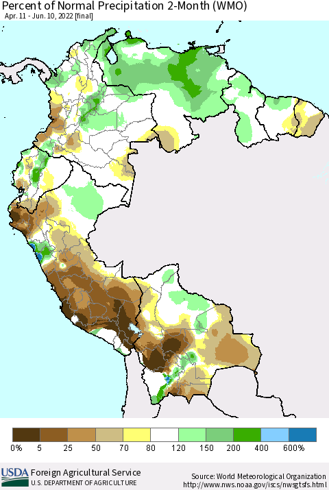 Northern South America Percent of Normal Precipitation 2-Month (WMO) Thematic Map For 4/11/2022 - 6/10/2022