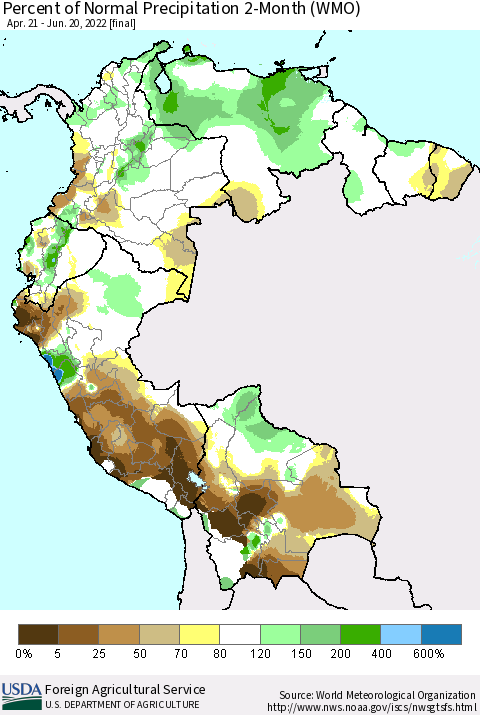 Northern South America Percent of Normal Precipitation 2-Month (WMO) Thematic Map For 4/21/2022 - 6/20/2022