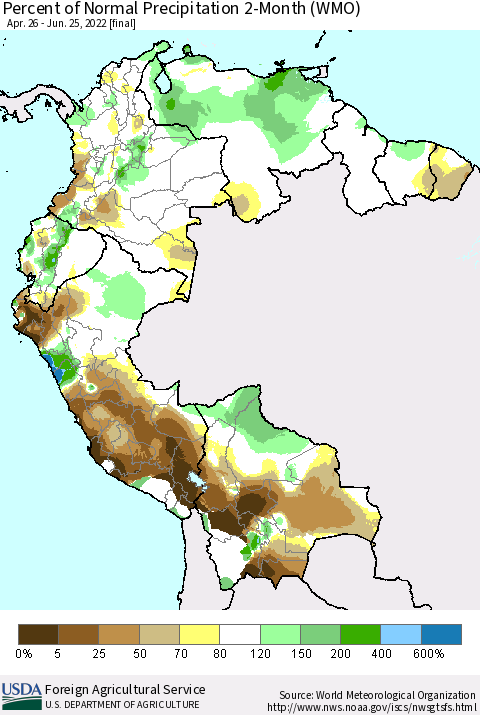 Northern South America Percent of Normal Precipitation 2-Month (WMO) Thematic Map For 4/26/2022 - 6/25/2022