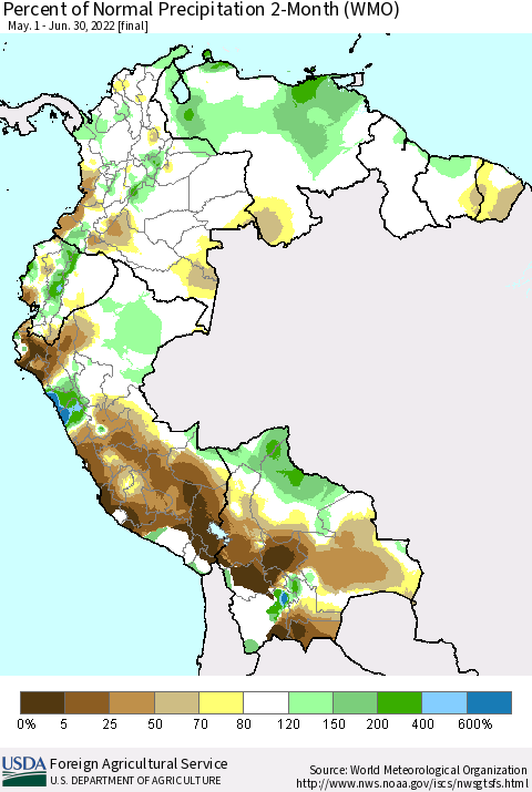 Northern South America Percent of Normal Precipitation 2-Month (WMO) Thematic Map For 5/1/2022 - 6/30/2022