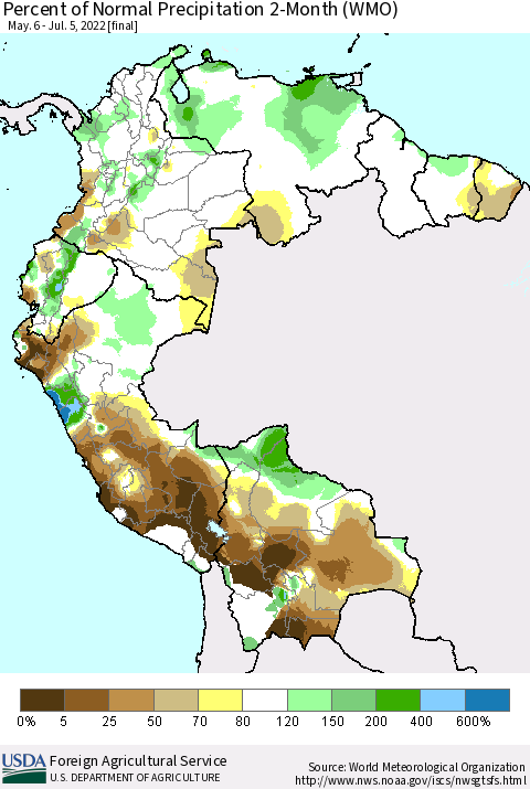 Northern South America Percent of Normal Precipitation 2-Month (WMO) Thematic Map For 5/6/2022 - 7/5/2022