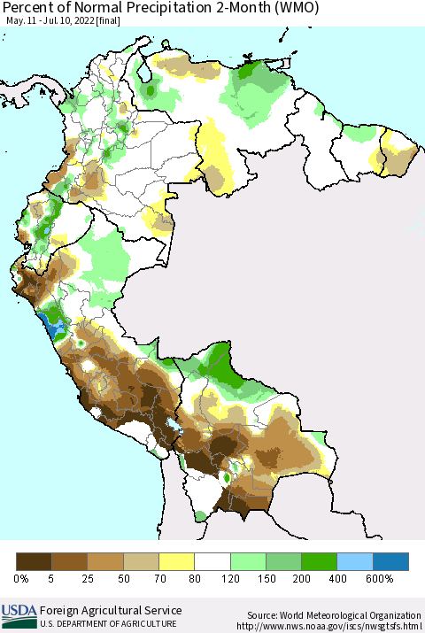 Northern South America Percent of Normal Precipitation 2-Month (WMO) Thematic Map For 5/11/2022 - 7/10/2022
