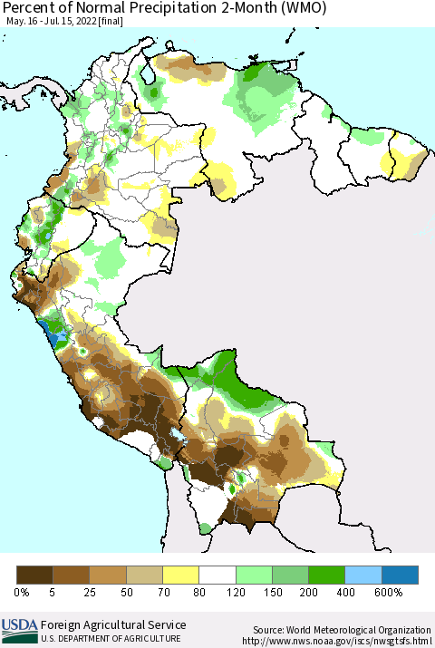 Northern South America Percent of Normal Precipitation 2-Month (WMO) Thematic Map For 5/16/2022 - 7/15/2022