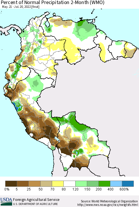 Northern South America Percent of Normal Precipitation 2-Month (WMO) Thematic Map For 5/21/2022 - 7/20/2022
