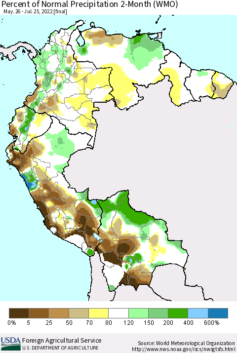 Northern South America Percent of Normal Precipitation 2-Month (WMO) Thematic Map For 5/26/2022 - 7/25/2022