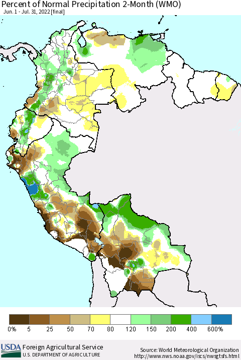 Northern South America Percent of Normal Precipitation 2-Month (WMO) Thematic Map For 6/1/2022 - 7/31/2022
