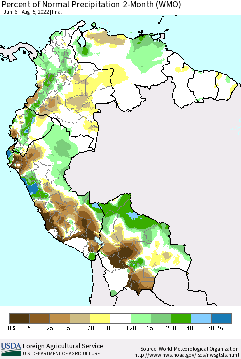 Northern South America Percent of Normal Precipitation 2-Month (WMO) Thematic Map For 6/6/2022 - 8/5/2022