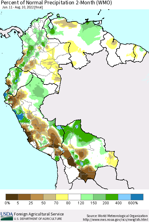 Northern South America Percent of Normal Precipitation 2-Month (WMO) Thematic Map For 6/11/2022 - 8/10/2022