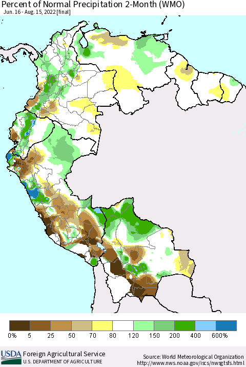 Northern South America Percent of Normal Precipitation 2-Month (WMO) Thematic Map For 6/16/2022 - 8/15/2022