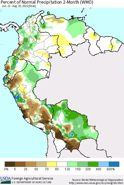 Northern South America Percent of Normal Precipitation 2-Month (WMO) Thematic Map For 6/21/2022 - 8/20/2022