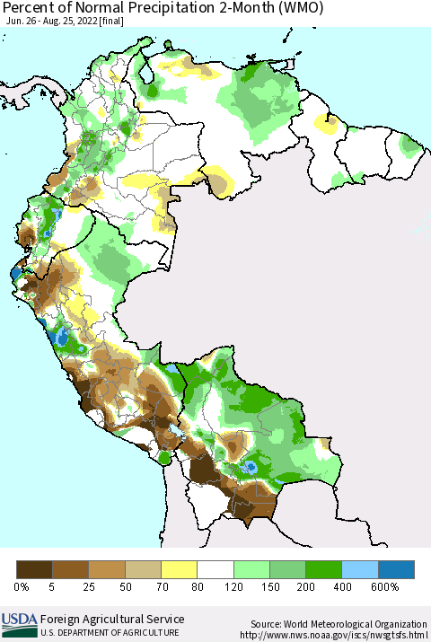 Northern South America Percent of Normal Precipitation 2-Month (WMO) Thematic Map For 6/26/2022 - 8/25/2022