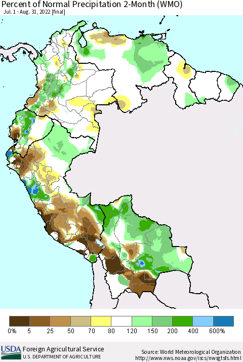 Northern South America Percent of Normal Precipitation 2-Month (WMO) Thematic Map For 7/1/2022 - 8/31/2022
