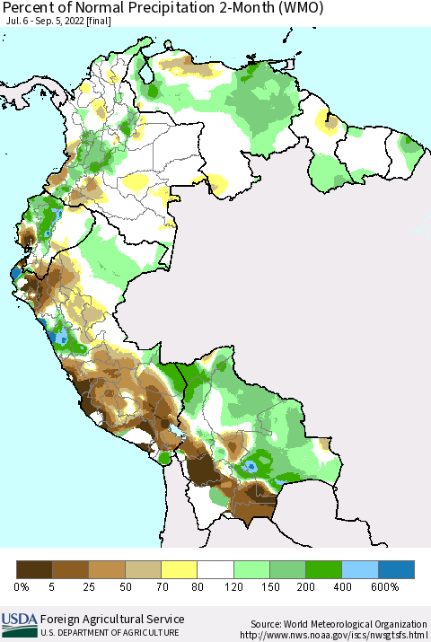 Northern South America Percent of Normal Precipitation 2-Month (WMO) Thematic Map For 7/6/2022 - 9/5/2022