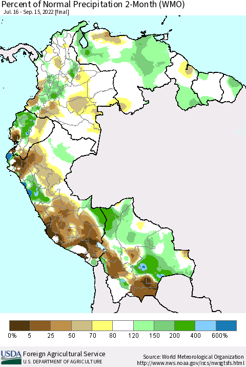 Northern South America Percent of Normal Precipitation 2-Month (WMO) Thematic Map For 7/16/2022 - 9/15/2022