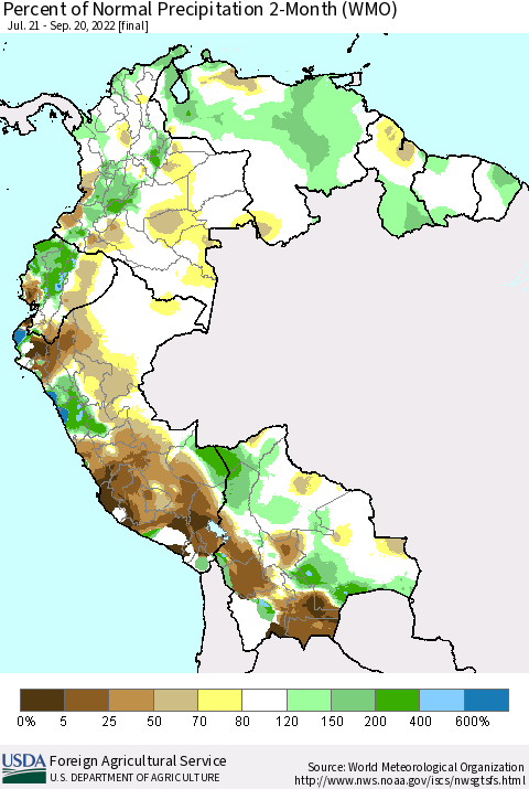 Northern South America Percent of Normal Precipitation 2-Month (WMO) Thematic Map For 7/21/2022 - 9/20/2022