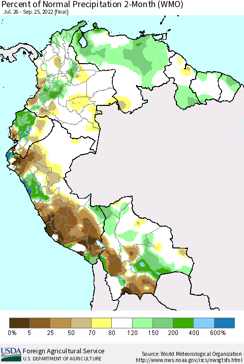 Northern South America Percent of Normal Precipitation 2-Month (WMO) Thematic Map For 7/26/2022 - 9/25/2022