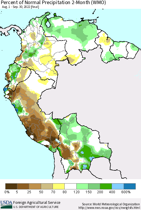 Northern South America Percent of Normal Precipitation 2-Month (WMO) Thematic Map For 8/1/2022 - 9/30/2022