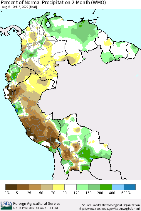 Northern South America Percent of Normal Precipitation 2-Month (WMO) Thematic Map For 8/6/2022 - 10/5/2022