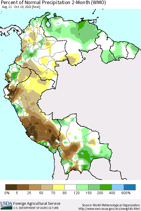 Northern South America Percent of Normal Precipitation 2-Month (WMO) Thematic Map For 8/11/2022 - 10/10/2022