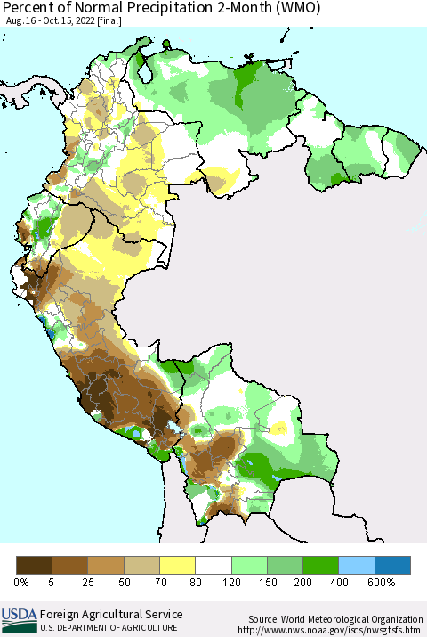 Northern South America Percent of Normal Precipitation 2-Month (WMO) Thematic Map For 8/16/2022 - 10/15/2022